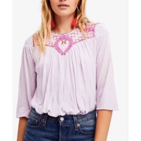 Free People Tops - Free People Purple Embroidered Peasant Small Boho Cottagecore 3/4 Sleeve Top